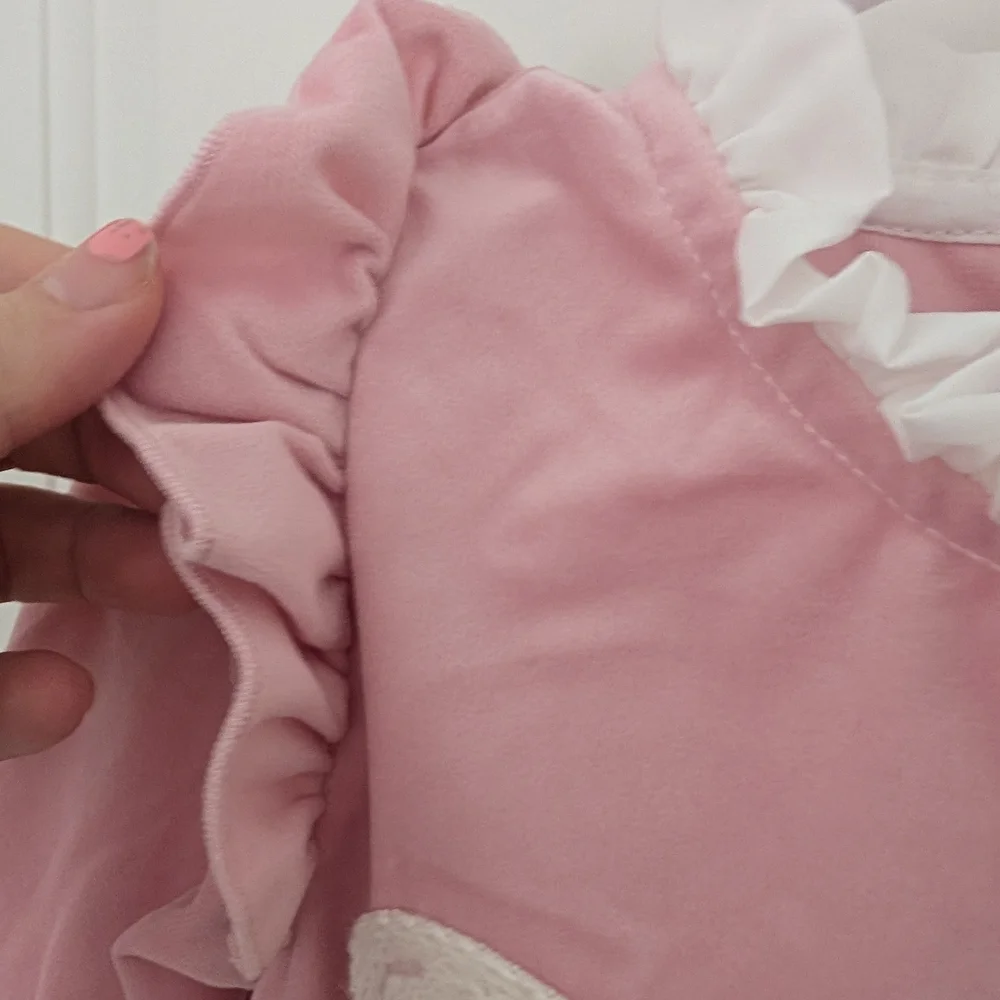 $ Pink Velour Jumpsuit With‎ Ruffle And Lace Bow Detail